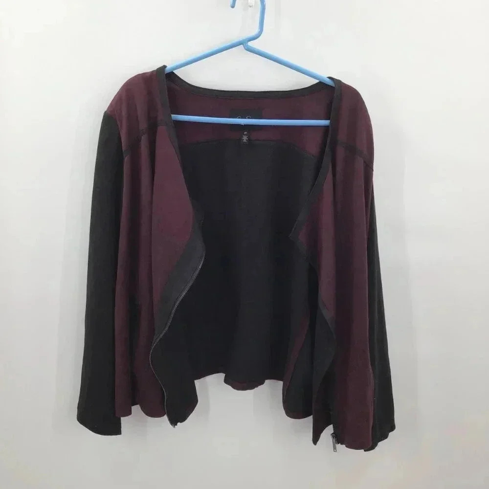 Women Jessica Simpson Ultrasuede Jacket 3X Asymmetrical Zip Colorblock Red Black - Picture 2 of 9